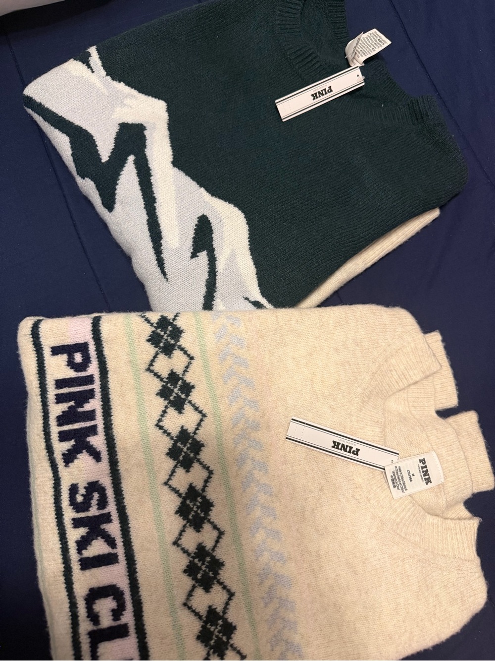 PINK Victoria's Secret Green & Cream Ski-Club Crewneck Sweaters (Pair)